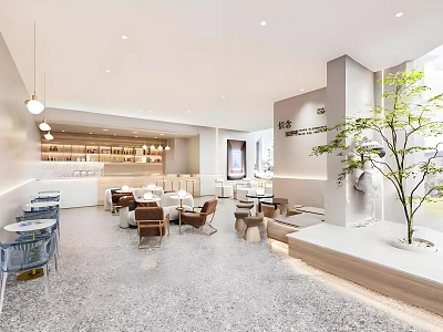 Modern Café Interior Design With Bright Lighting Wooden Tables And Green Plants 3d model