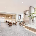 Modern Café Interior Design With Bright Lighting Wooden Tables And Green Plants