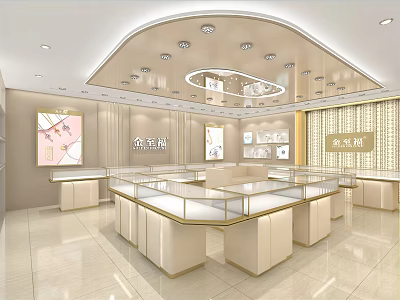 Elegant Jewelry Store Interior With Glass Display Cases Bright Lighting And Decorative Paintings 3d model