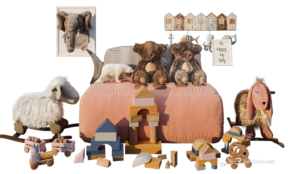 Stuffed Teddy Bears Polar Bear Sheep Dolls With Building Blocks Small Houses On Pink Bed 3d model 
