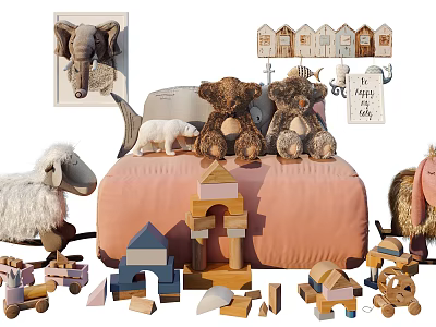 Stuffed Teddy Bears Polar Bear Sheep Dolls With Building Blocks Small Houses On Pink Bed 3d model