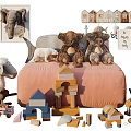 Stuffed Teddy Bears Polar Bear Sheep Dolls With Building Blocks Small Houses On Pink Bed