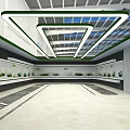 Spacious Exhibition Hall Interior With Glass Roof Display Models And Large Screen