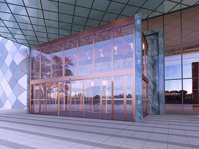Modern Entrance Gate With Copper Frame Glass Doors Marble Pillars And Glass Ceiling 3d model