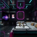 Futuristic KTV Corridor with Blue Pink Neon Lights Reflective Floor and High Tech Design