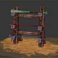 Weapons Displayed on Wooden Rack with Swords and Orange Lava Like Ground