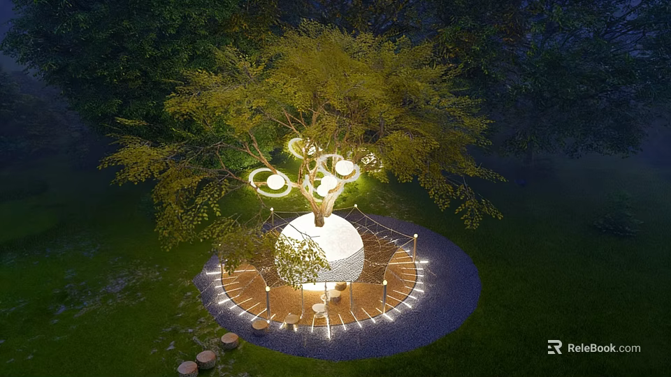 Decorative Lights Under Tree With Round Wooden Platform And Ambient Illumination 3d model 