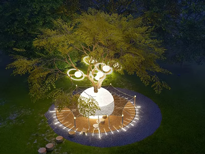 Decorative Lights Under Tree With Round Wooden Platform And Ambient Illumination 3d model