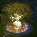 Decorative Lights Under Tree With Round Wooden Platform And Ambient Illumination