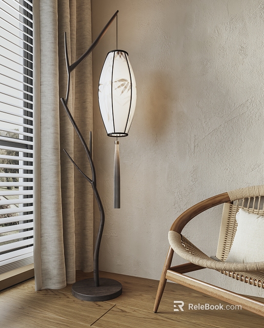 Minimalist White Chandelier in Room with Blinds Curtains Rattan Chair and Branch like Floor Lamp 3d model 