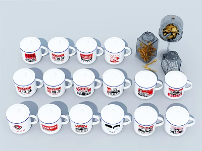 White Ceramic Cups With Red Black Graphic Prints And Blue Rim Alongside Glass Jars 3d model