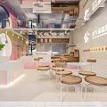 Modern Dessert Shop With Pink Yellow Interiors Curved Walls Round Windows And Orange Seats