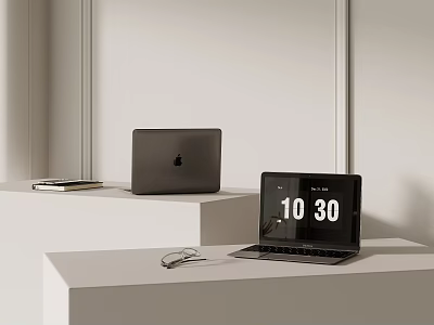 Modern Laptop Display Featuring Open And Closed Notebooks With Screen Time And Accessories On Stand 3d model