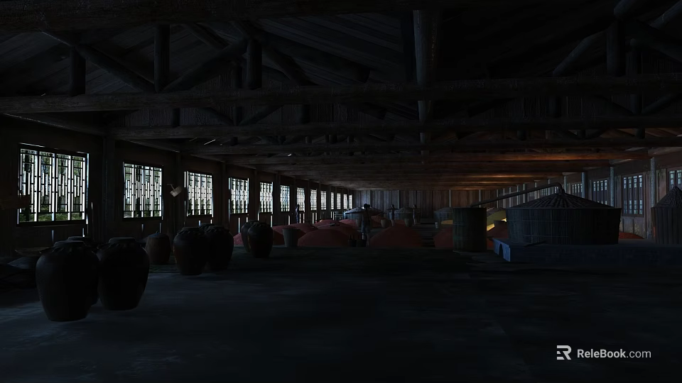 Rustic Wooden Bar Interior With Large Windows Barrels And Warm Lighting 3d model