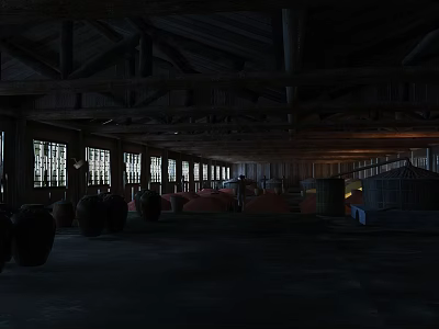 Rustic Wooden Bar Interior With Large Windows Barrels And Warm Lighting 3d model