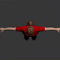 Woman In Red T Shirt Black Shorts Red Sneakers With Arms Outstretched Against Gray Background