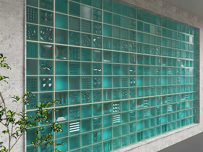 Modern Turquoise Glass Partition Wall With Grid Design And Green Plant Against Concrete Wall 3d model