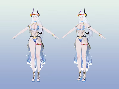 Game Movie Character Double View With Horned White Long Hair And Blue Decorative Outfit 3d model