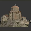 Ancient Stone Church With Red Domes Multiple Roofs Cross And Rocky Green Base