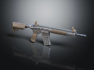 Modern Tactical Rifle Featuring Brown Stock Silver Barrel Magazine And Tactical Accessories 3d model