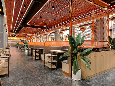 Modern Hotpot Restaurant Interior With Warm Lighting Wooden Partitions And Green Plants 3d model