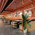 Modern Hotpot Restaurant Interior With Warm Lighting Wooden Partitions And Green Plants