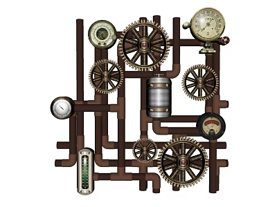 Industrial Style Vintage Hardware Tools with Gears Pipes and Mechanical Gauges 3d model