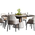 Round Dining Table Set With Light Gray Chairs And Decorative Plant Centerpiece 3d model