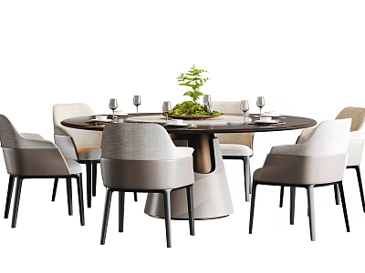 Round Dining Table Set With Light Gray Chairs And Decorative Plant Centerpiece 3d model