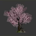 Pink Cherry Blossom Tree With Small Stone Statue On Green Grass Base