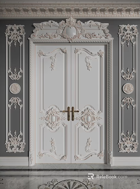 Elegant White Double Doors With Carved Patterns Golden Handle And Ornate Wall Panels 3d model 