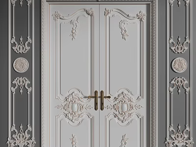Elegant White Double Doors With Carved Patterns Golden Handle And Ornate Wall Panels 3d model