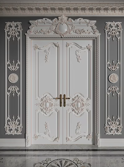Elegant White Double Doors With Carved Patterns Golden Handle And Ornate Wall Panels 3d model