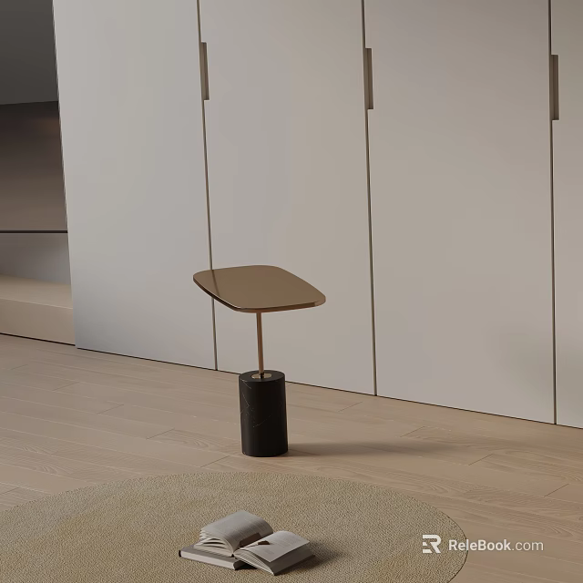 Modern Side Table With Brown Tabletop And Black Cylindrical Base White Cabinets Light Wooden Floor 3d model 