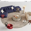 Blue L Shaped Sofa Round Coffee Table Set With Beige Armchair Geometric Pattern Rug 3d model