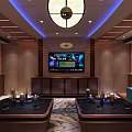 Modern KTV Lounge Interior With Brown Sofas Two Tables Blue Ceiling Lighting And Decorative Paintings