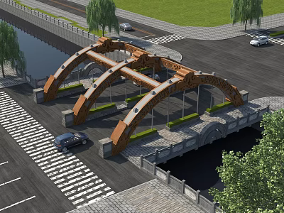 Arched Steel Bridge Over Urban Road With Passing Cars Green Plants And Trees 3d model