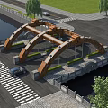 Arched Steel Bridge Over Urban Road With Passing Cars Green Plants And Trees