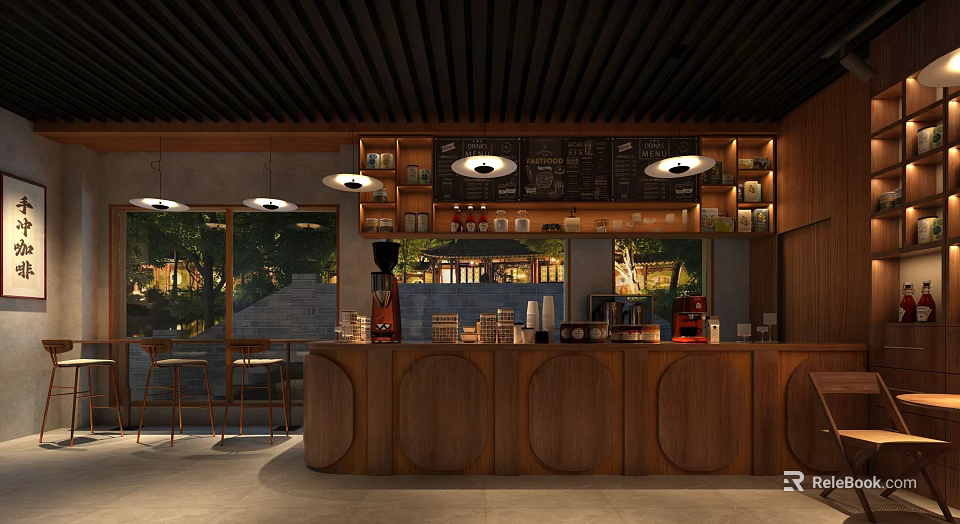 Inviting Café Interior With Wooden Bar Counter Pendant Lights Menu Board And Scenic Windows 3d model 