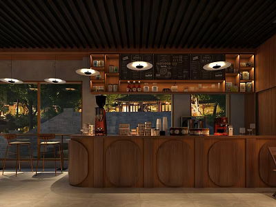 Inviting Café Interior With Wooden Bar Counter Pendant Lights Menu Board And Scenic Windows 3d model