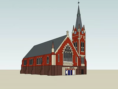 Ancient Church Architecture With Gothic Spire Clock Tower And Stained Glass Windows 3d model