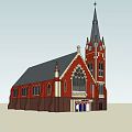 Ancient Church Architecture With Gothic Spire Clock Tower And Stained Glass Windows