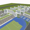 Modern School Building With Multi Storey Structure Glass Windows And Parking Lot Near Trees