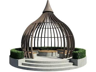 Modern Gazebo With Conical Roof Lattice Framework Stone Steps Base And Green Bushes 3d model