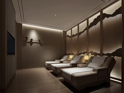 Luxurious SPA Sauna Interior Design With Comfortable Loungers Wooden Walls Soft Lighting And Mountain Decor 3d model