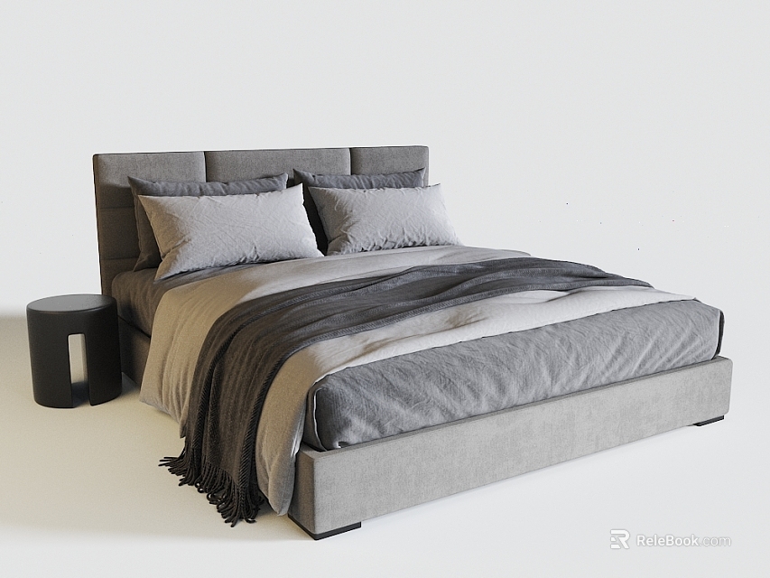 Double Bed With Gray Headboard Two Pillows Gray Bedding Dark Blanket And Black Nightstand 3d model 