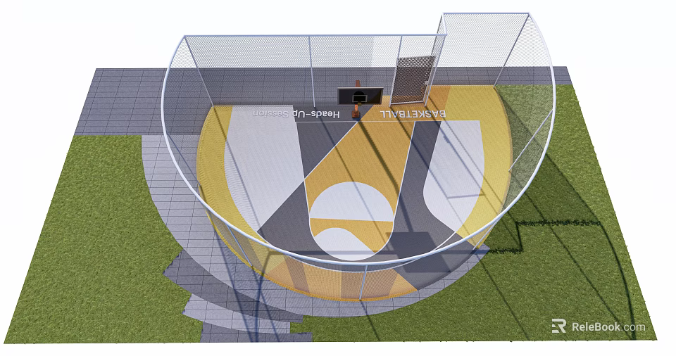 Modern Basketball Court With Yellow White Gray Floor Design And Surrounding Netting 3d model 