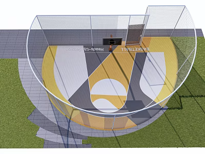 Modern Basketball Court With Yellow White Gray Floor Design And Surrounding Netting 3d model