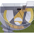 Modern Basketball Court With Yellow White Gray Floor Design And Surrounding Netting