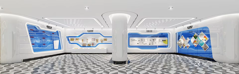 Modern Exhibition Hall Interior With White Column Blue Display Areas Trophies And Geometric Floor Tiles 3d model 